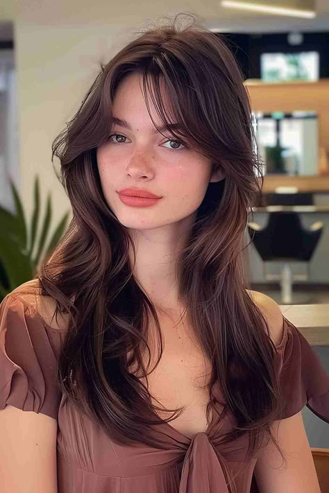 Woman with a layered fox haircut for long hair. Long Layers And Curtain Bangs, Fox Haircut, Layers And Curtain Bangs, Fox Cut, Hairstyles With Curtain Bangs, Long Layered Hairstyles, Women Haircuts Long, Autumn Hair, Brown Hair Looks