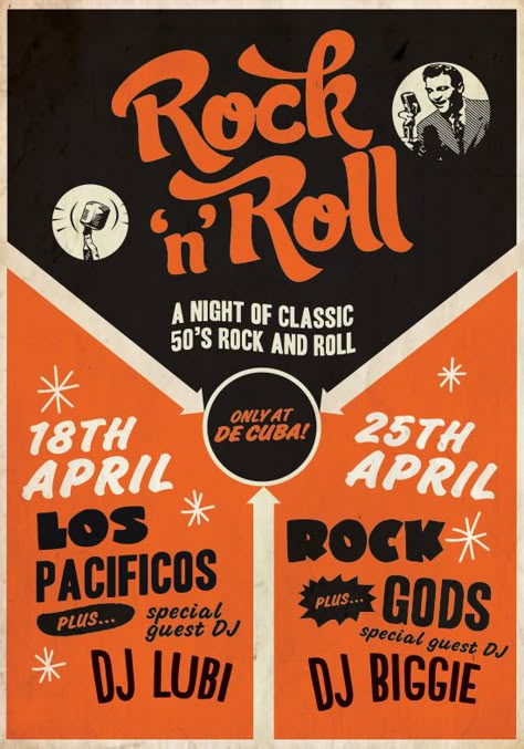 Rock n Roll Poster, Graphic Design Bar Poster by www.diagramdesign.co.uk Rock N Roll Graphic Design, Rock And Roll Graphic Design, 50s Graphic Design, 70s Poster Design, Retro Concert Poster, Rock Graphic Design, Rock N Roll Poster, Fusion Festival, Vintage Flyer