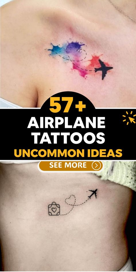 Experience the exhilaration of adventure and freedom with breathtaking airplane tattoos that embody wanderlust. Whether you are a seasoned voyager or yearn to explore new horizons, these tattoos serve as a symbol of your fascination with discovery. Select from classic airplane motifs, simple silhouettes, or detailed aviation designs to showcase your enthusiasm for the boundless skies. Small Tattoos Airplane, Airplane Tattoos For Women, Plane Tattoo Ideas, Tattoo For Travel Lovers, Tiny Airplane Tattoo, Ecg Tattoo, Travel Inspired Tattoos, Paper Airplane Tattoo, Paper Airplane Tattoos