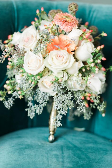 Peach & Cream Bridal Bouquet - Amy Fanton Photography | Turquoise, Coral & Gold Wedding in California Ideas For Squash, Teal Peach Wedding, Wedding Invitations Peach, Turquoise Coral Weddings, Peach Gold Wedding, Turquoise Wedding Flowers, Cream Bridal Bouquet, Gold Wedding Bouquets, Coral Wedding Themes