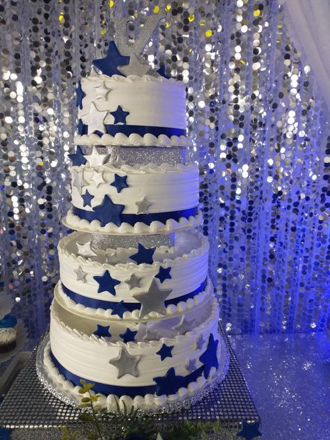 Star Themed Quince, Quinceanera Themes Starry Nights Midnight Blue, Sweet 16 Stars Theme, Xv Cakes Ideas, Sweet 16 Party Starry Night, Under The Stars 16 Candles, Under The Stars Quinceanera Theme, Xv Ideas, Fifteenth Birthday