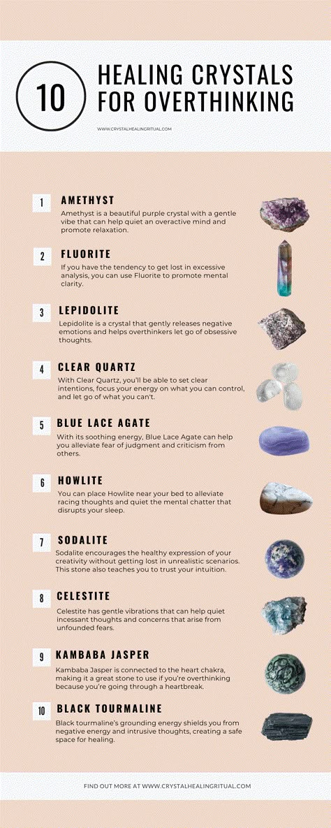 crystals for overthinking infographic Energy Stones Crystal Healing, Gemstones Chart, Crystal Healing Chart, Stop Overthinking, Best Crystals, Energy Healing Spirituality, Crystals Healing Properties, Spiritual Crystals, Herbal Magic