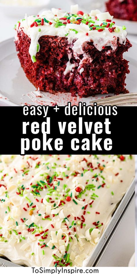 Cornbread Poke Cake, Poke Cake Christmas, Christmas Red Velvet Poke Cake Recipe, Red Velvet Poke Cake Condensed Milk, Christmas Red Velvet Poke Cake, Christmas Poke Cake Recipes, Red Velvet Poke Cake Recipe, Red Velvet Cake Mix Recipes, Box Red Velvet Cake