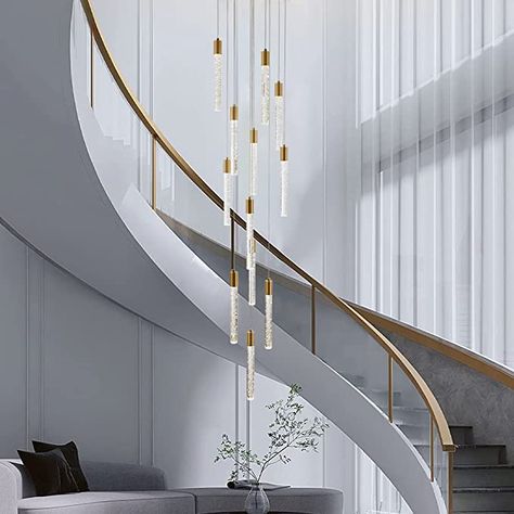 Modern Chandelier For Foyer Entryway, Chandelier For Hallway, Tall Chandeliers High Ceilings, High Ceiling Stairs, Stair Chandelier Modern, Chandelier Long Staircase, Modern Chandelier High Ceiling Entryway, Modern Chandeliers For Living Room High Ceiling, Tall Ceiling Chandelier