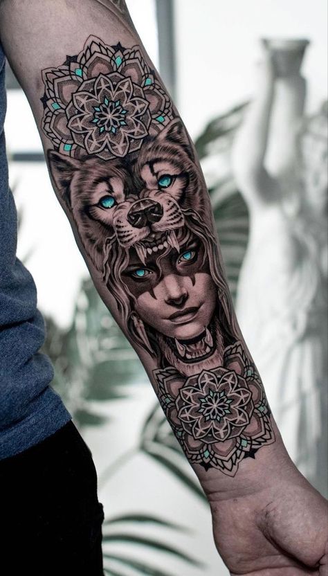 Wolf Girl Tattoos, Fenrir Tattoo, Tattoo Placements, Circle Tattoos, Tattoo Magazine, Wolf Tattoo Design, Beautiful Mandala, Leg Tattoo Men, Mandala Tattoo Design