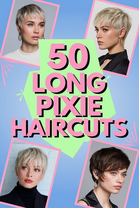 Long pixie haircuts offer the best of both worlds short style with added versatility. Explore asymmetrical pixie-bobs, layered longer pixies, and textured crop designs. Discover side-swept long pixies, shaggy short cuts, and edgy longer crown styles.  Find inspiration for pixie cuts with long bangs, tapered necklines, and versatile short-to-medium looks to create modern, low-maintenance hairstyles with extra styling options and feminine flair. Pixie Cuts With Long Bangs, Crown Styles, Pixie Cut With Long Bangs, Pixie Bobs, Long Pixie Cut, Cute Pixie Haircuts, Asymmetrical Pixie Cuts, Textured Crop, Longer Pixie Haircut