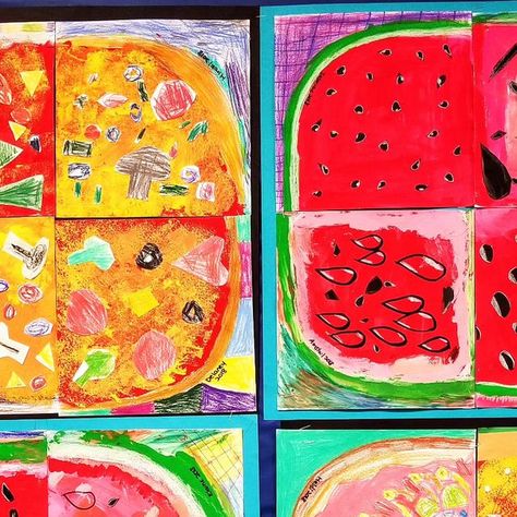 ES on Instagram: "Browsing through art from the past. These 3rd grade pictures were made for #square1art I combined them to create full pizza and watermelon. Each class chose a theme. There are some dessert pizzas here, too! Students painted, collaged, and colored the edges. I gave them tracers for the rounded shapes to start. Big slices only! 🍉🍕🍉🍕 #kidspaintings #pizzaart #watermelonart #blooming_artists #mixedmedia #foodart #pizza #watermelons #3rdgradeart #kidsart #collaborativeart #art Pizza Slice Painting, Food Themed Art Projects For Kids, Number Art Projects, Preschool Art Lessons, Dessert Pizzas, Square 1 Art, Teacher Projects, Pizza Art, Watermelon Art