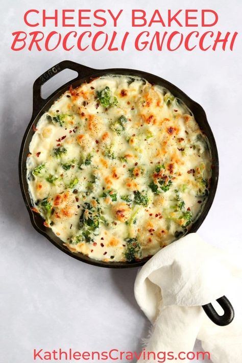 Cheesy Baked Broccoli Gnocchi is a comforting one-pan dinner! Creamy, cheesy, bubbly and comes together in about 30 minutes. Vegetarian friendly comfort food. Use your cast iron skillet for this easy gnocchi recipe. Easy Gnocchi Recipe, Broccoli Gnocchi, Gnocchi Casserole, Easy Gnocchi, Gnocchi Recipes Easy, Baked Broccoli, Gnocchi Dishes, Vegetarian Casserole, Baked Gnocchi