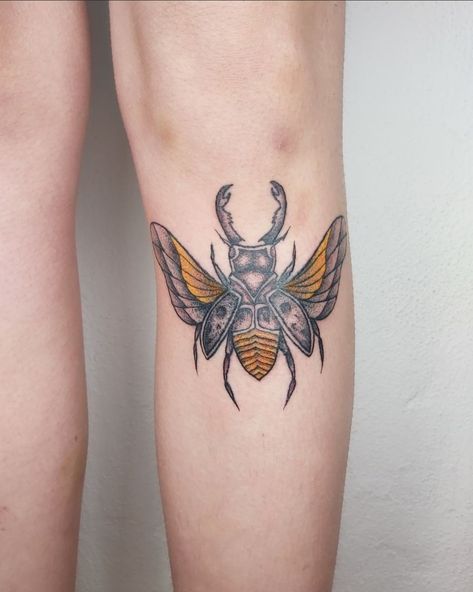 Beetle Tattoo Side Of Knee, Stag Beetle Tattoo, Beetle Tattoo Leg, Beetle With Face Tattoo, Beetle Arm Tattoo, Scarab Beetle Tattoo, Creepy Beetle Tattoo, Beetle Tattoo, Scarab Beetle