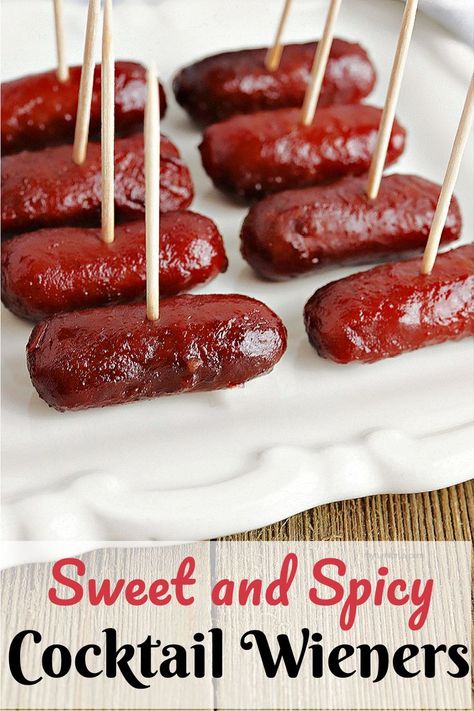 Sweet and Spicy Little Smokies recipe. You can make these sweet and spicy cocktail wieners with grape jelly and chili sauce easily in your slow cooker. This little smokies recipe with jelly and chili sauce is sweet but has a spicy bite. #SweetSpicyLittleSmokies #SweetSpicyCocktailWieners #CocktailWienerswithJelly #SmokiesRecipeWthJellyAndChiliSauce #GrapeJellySmokies #myturnforus #SweetAndSpicyCocktailWeenies Sweet And Spicy Cocktail, Hot Dog Burnt Ends, Spinach Puffs Recipe, Hot Dog Appetizers, Cocktail Wieners, Spinach Puffs, Little Smokies Recipes, Smokies Recipe, Little Smokies