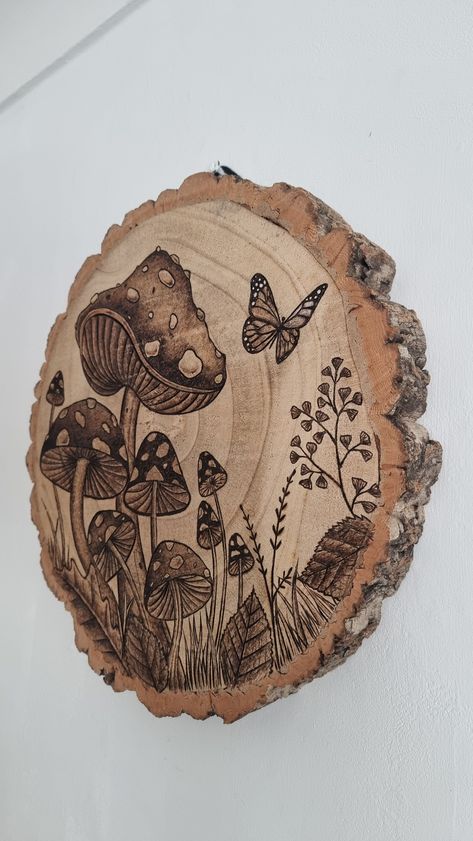 "Handcrafted nature Pyrography Art" Wood Burning Mushroom Art, Pyrography Scenery, Pyrography Wall Art, Cottagecore Wood Burning, Mushroom Pyrography, Nature Pyrography, Pyrography Gifts, Pyrography Ideas, Pyrography Designs