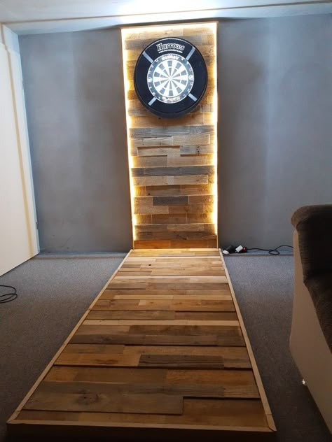 Dart Board Wall Ideas Man Cave, Home Dart Board Ideas, Dart Board Lighting Ideas, Dart Set Up, Dart Board Set Up, Dart Board Surround, Basement Dart Board Wall, Darts Board Ideas, Dart Board Wall Diy