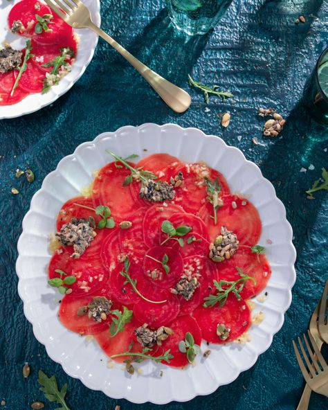 Vegetable Carpaccio, Tomato Carpaccio, Beet Carpaccio, Beetroot Carpaccio, Chioggia Beets, Citrus Vinaigrette, Roasted Peppers, Greek Recipes, Blood Orange