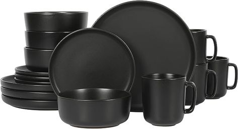 Amazon.com | Gibson Home Zuma Stoneware Plates, Bowls, & Mugs Dinnerware Set - Matte Black, Service for Four (16pcs): Dinnerware Sets Vampire Kitchen, Black Kitchen Ideas, Aesthetic Essentials, Food Web Design, Bath Diy, Kitchen Dining Room Ideas, Stoneware Plates, Victorian Vampire, Bright Kitchen