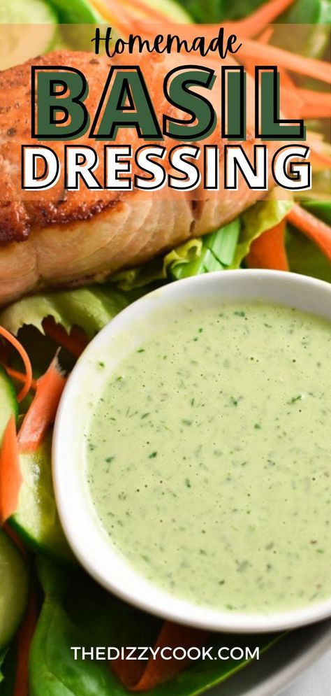 Basil Garlic Salad Dressing, Basil Green Goddess Dressing, Creamy Basil Vinaigrette Dressing, Easy Creamy Salad Dressing, Creamy Basil Dressing Recipe, Basil Vinegrette Salad Dressing, Basil Salad Dressing Recipes, Sauce For Grilled Veggies, Basil Uses Ideas