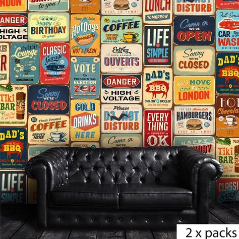 Casa Retro, Collage Mural, Piano Bar, Bar Vintage, Metal Wall Sign, Pvc Wall, Vintage Metal Signs, Sign Wall, Mural Art