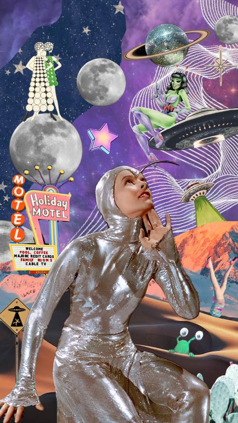 #ufo #futurism #vintage #aliens #extraterrestrial #ufocore #space #spaceaesthetic #alien Futuristic Retro Fashion, 70s Alien, Lost In Space Aesthetic, Campy Aesthetic, Collage Application, Alien Disco, Retro Future Fashion, Retro Alien, Alien Clothes