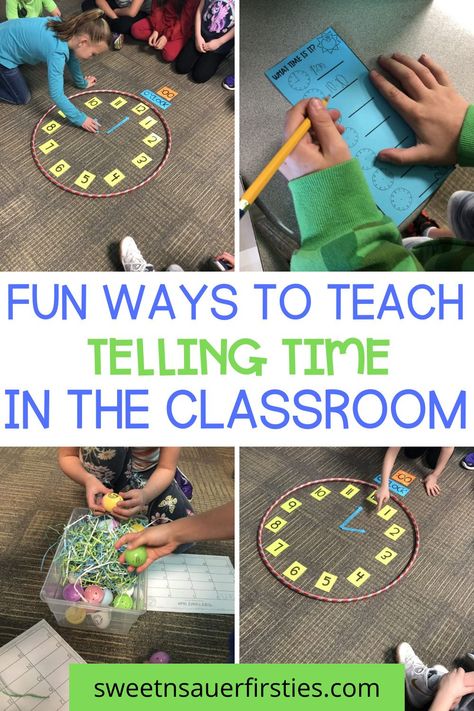 Looking to start teaching time in your first grade classroom? When teaching time, it is important to incorporate hands-on activities like building a life size clock. This is a great way for students to learn about time to the hour and time to the nearest hour. You can also use Judy Clock activities. One of my favorite ways to introduce time is with Judy Clock activities. These are all really fun way to teach kids how to tell time! Teaching Time 1st Grade, Time Activity For Kindergarten, First Grade Telling Time, Teaching Clocks To Kids, Teaching Elapsed Time 3rd Grade, Clock Teaching Time Kids, O Clock Activities, Telling Time Activities 3rd Grade, Fun Activities For Students Classroom