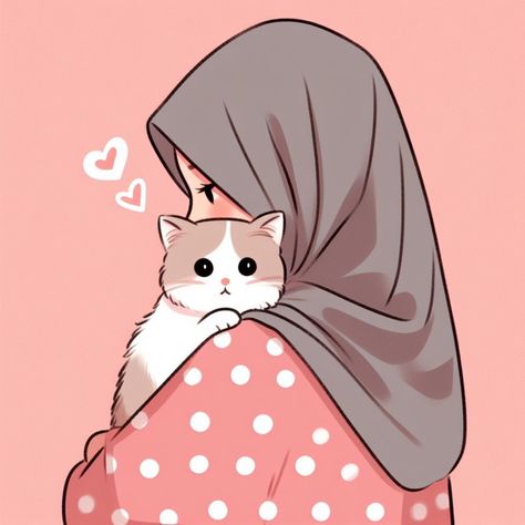 Cartoon Hijabi Profile Pics, Muslimah Cartoon Aesthetic, Cat In Hijab, Profile Picture Girly, Islamic Profile Picture, Islam Pfp, Cat Dp, Hijabi Pfp Cartoon, Girly Art Illustrations Beauty