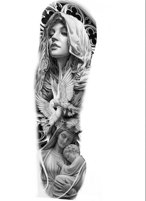 Jesus Tattoo Sleeve, Religous Tattoo, Mother Mary Tattoos, Jesus Tattoo Design, Half Sleeve Tattoo Stencils, Archangel Tattoo, Chicano Tattoos Sleeve, Inner Bicep Tattoo, Full Sleeve Tattoo Design