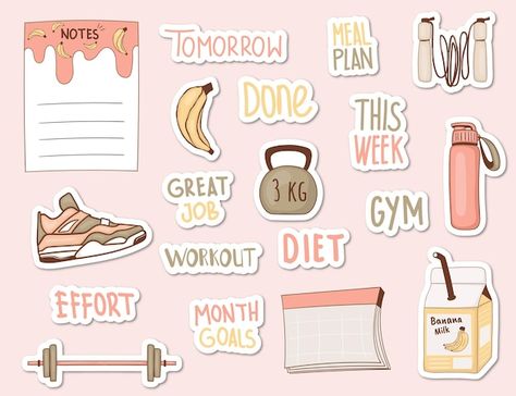 Colorful hand drawn diet stickers collec... | Premium Vector #Freepik #vector #banana-icon #gym-food #weight-icon #lifestyle-icon Nutrition Stickers Aesthetic, Fitness Stickers Free Printable, Banana Icon, Nutritionist Sticker, Workout Stickers Printable, Weight Icon, Gym Business, Health Stickers, Fitness Planner Stickers