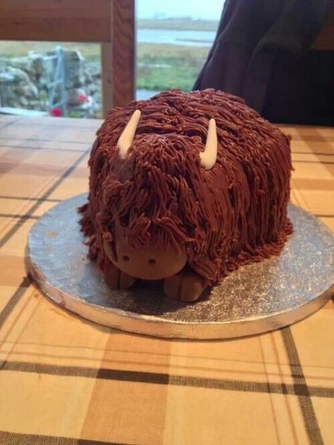 Highland Cow Cake Cow Cake Ideas, Farm Cupcakes, Highland Cow Cake, Scottish Party, Outlander Party, Male Cakes, Mugcake Recipe, Burn's Night, Horse Cakes