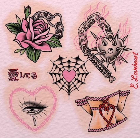 Pretty Gothic Tattoos, Girly Old School Tattoo, Neo Trad Tattoo Flash, Pink American Traditional Tattoo, Cute Pink Tattoos, Neo Traditional Flash Sheet, Pink Tattoo Flash, Spooky Tattoo Flash, Traditional Eye Tattoo