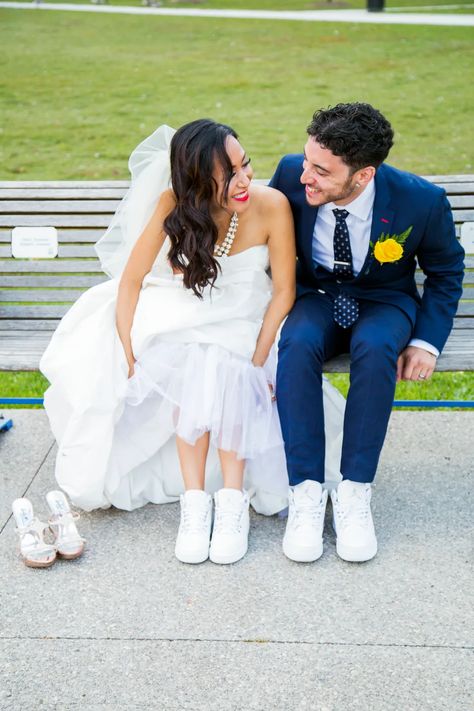 White Sneakers - Comfy Wedding Shoes Wedding Dress With Sneakers, Alternative Wedding Shoes, Comfy Wedding Shoes, Bride Sneakers, Dapper Grooms, Bridal Sneakers, Shoes Bride, Chic Wedding Dresses, Wedding Sneakers