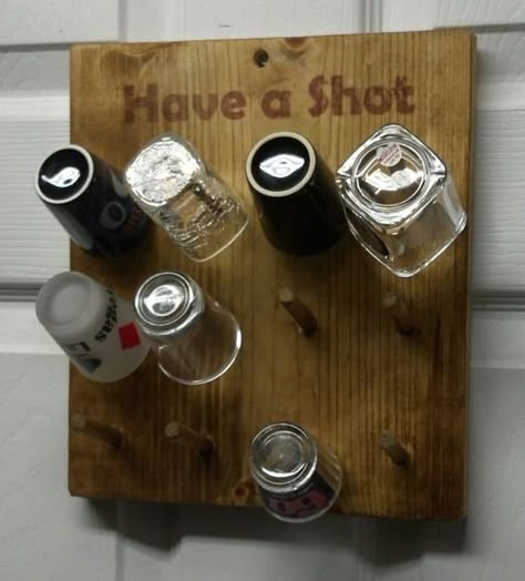 Garage Bars Diy, Gifts For Man Cave, Garage Man Cave Ideas On A Budget, Bar Ideas For Home Basement, Basement Mancave, Garage Bar Ideas, Shot Glass Holder, Bullet Crafts, Man Cave Design