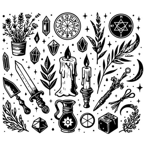 Download this Premium Vector about A set of vector magic elements An occult set for sorceresses Hand drawn dagger candle crystals, and discover more than 15 Million Professional Graphic Resources on Freepik Magic Elements, Candle Drawing, Tarot Tattoo, Optical Illusion Tattoo, Candle Tattoo, Celestial Crystal, Cute Tats, Printed Candles, Outline Illustration