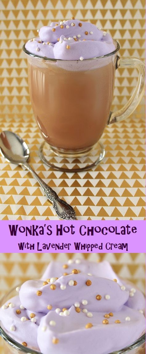 Dip a mug into Willy Wonka's hot chocolate river and come out with this rich homemade hot chocolate...topped with lavender whipped cream! Lavender Whipped Cream, Wonka Recipes, Willy Wonka Desserts, Monster Muffins, Chocolate River, Movie Recipes, Cake Chart, Wonka Party, Gourmet Hot Chocolate