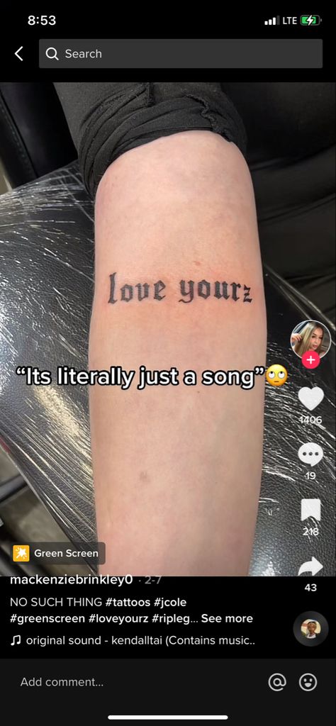 Love Yourz Tattoo Man, Love Yourz Tattoo Ideas, Love Yourz J Cole Tattoo Men, Love Yourz Tats J Cole, Love Yourz J Cole Tattoo With Butterfly, Frank Ocean Tattoo Ideas Lyrics, Frank Ocean Inspired Tattoos Ivy, Lyrics Arm Tattoo, Frank Ocean Related Tattoos