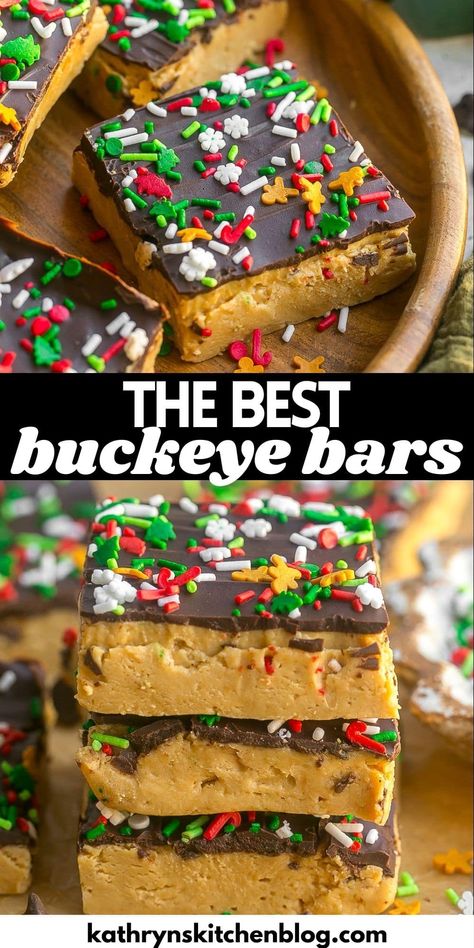 Buckeye Bars (No-bake Chocolate Peanut Butter Bars) No Bake Buckeye Cheesecake Bars, Buckeye Bars Recipe, Christmas Dessert Tray, Fun Rice Krispie Treats, Buckeye Bars, Chocolate Peanut Butter Bars, Homemade Toffee, Peanut Butter Chocolate Bars, Butter Bars