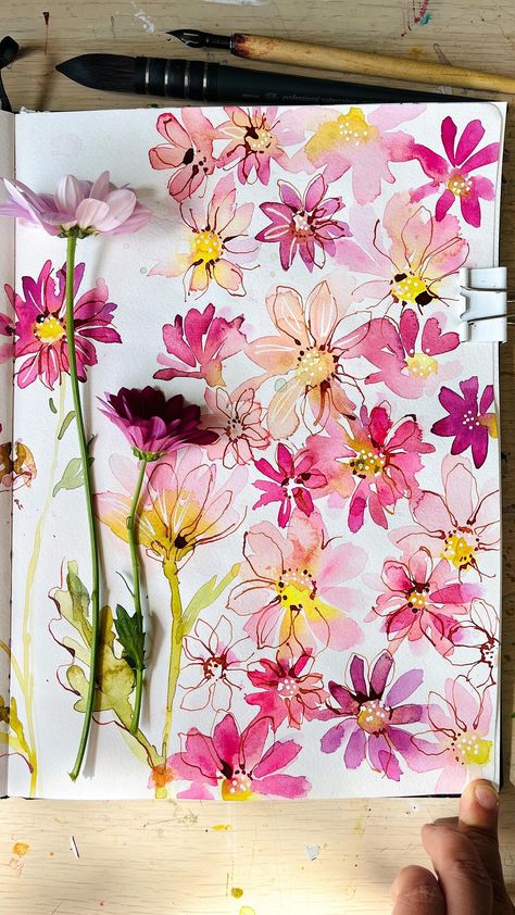 Water Colour Pattern, Ohn Mar Win, Pencil Drawings Of Flowers, Watercolor Paintings Nature, Ink And Watercolour, Watercolor Flowers Tutorial, Watercolor Paintings For Beginners, Watercolour Inspiration, Watercolor Paintings Easy