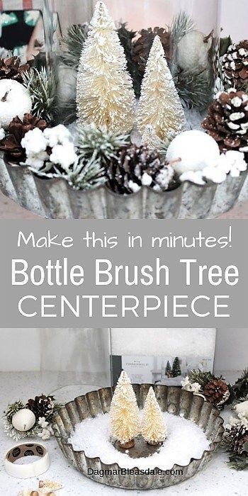 This is so easy! Bottle brush tree decor centerpiece, DagmarBleasdale.com #bottlebrushtrees #diy #christmas #homedecor #diyhomedecor #home #decor #winter #christmasdecor #farmhousestyle #farmhousestyle #vintage Bottle Brush Tree Displays, Bottle Brush Christmas Trees Display Mantle, Bottlebrush Tree Centerpiece, Bottle Brush Trees Display, Christmas Decor Recycled, Bottle Brush Tree Decor, Brush Tree Decor, Recycled Christmas Crafts, Farmhouse Christmas Diy