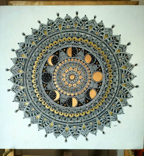 Done with 60"cm moon phases mandala🌜in canvas !! Took almost 40hrs!! Doing these patterns in canvas is not so easy!! Still happy with the… Moon Phase Mandala, Tattoo Pics, Healing Room, Lunar Phase, Moon Cycles, Madhubani Painting, Half Sleeve Tattoo, Mandala Drawing, Tattoo Inspo