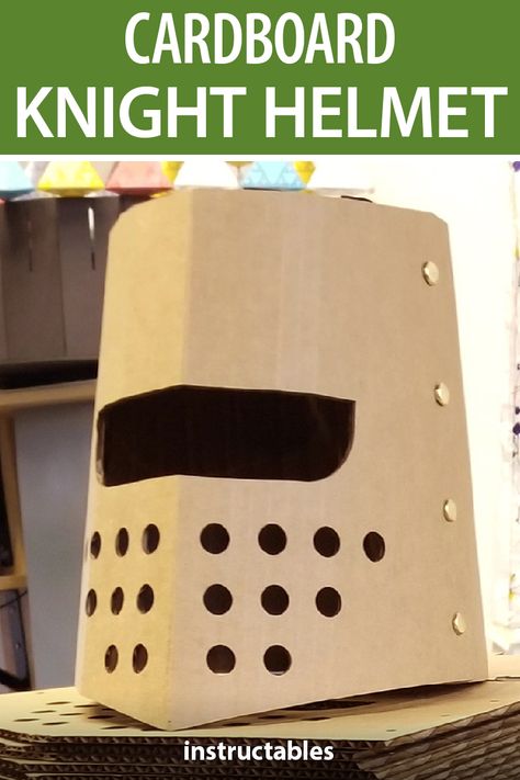 Diy Knight Helmet Cardboard, Diy Knight Decoration, Diy Helmet Costume, How To Make A Helmet Out Of Cardboard, Diy Knights Helmet, Easy Knight Helmet Diy, Cardboard Armor Diy How To Make, Easy Knight Costume, Homemade Knight Costume