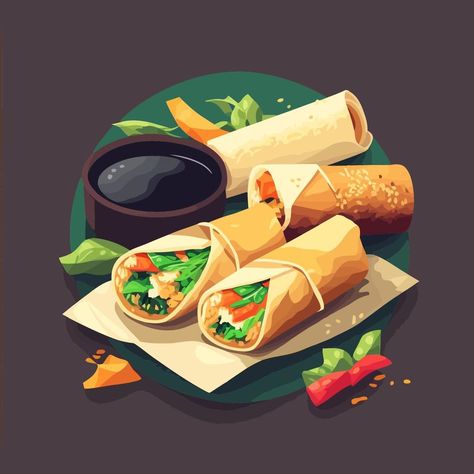 Chinese Food Spring Rolls. delicious authentic asian food isolated vector illustration background for menu poster template design Asian Food Illustration, Authentic Asian Food, Nem Nuong, Menu Poster, Authentic Asian Recipes, Poster Template Design, Food Illustration Art, Vector Food, Food Backgrounds