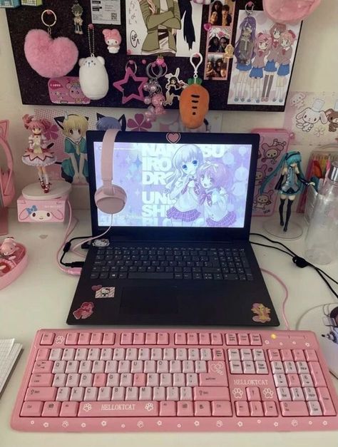 Laptop Gaming Setup, Anime Watercolor, Gamer Aesthetic, Gamer Bedroom, Girl Desk, Otaku Room, Hello Kitty Rooms, Gamer Room Decor, Video Game Room Design