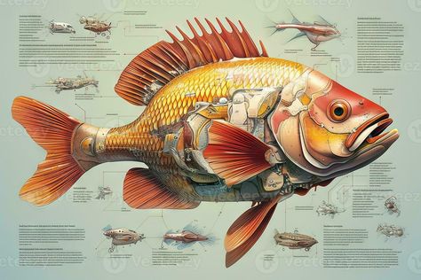 Gold fish cyborg animal detailed infographic, full details anatomy poster diagram illustration generative ai Fish Infographic Design, Octopus Scientific Illustration, Animal Diagram, Fish Diagram, Fish Infographic, Fish Anatomy, Biology Drawing, Diagram Illustration, Scientific Poster