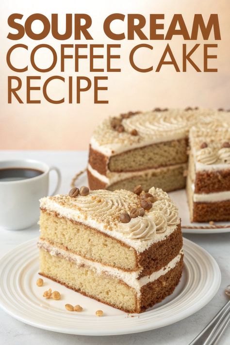 This sour cream coffee cake is soft, buttery, and packed with a cinnamon swirl. The perfect breakfast or dessert with a cup of coffee! 

 #CoffeeCake #BakingFun #HomemadeTreats Sour Cream Coffee Cake Recipe, Carrot Muffin Recipe, Chocolate Scones, Wheat Pancakes, Sour Cream Coffee Cake, Coffee Cake Recipe, Brunch Spread, Chocolate Granola, Coffee Cake Recipes