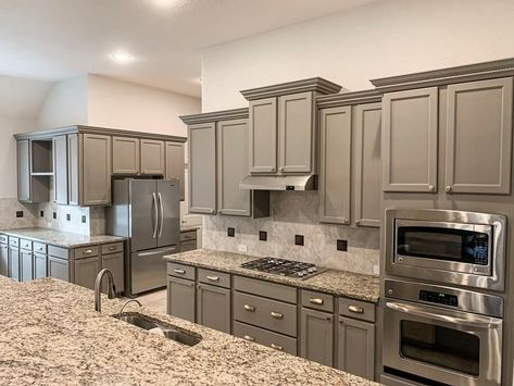 Gray Cabinets Brown Countertops, Kitchen Countertops Granite Colors, Greige Kitchen Cabinets, Greige Kitchen, Taupe Kitchen, Kitchen Cabinets And Countertops, Painted Kitchen Cabinets Colors, Brown Kitchens, Kitchen Designs Layout