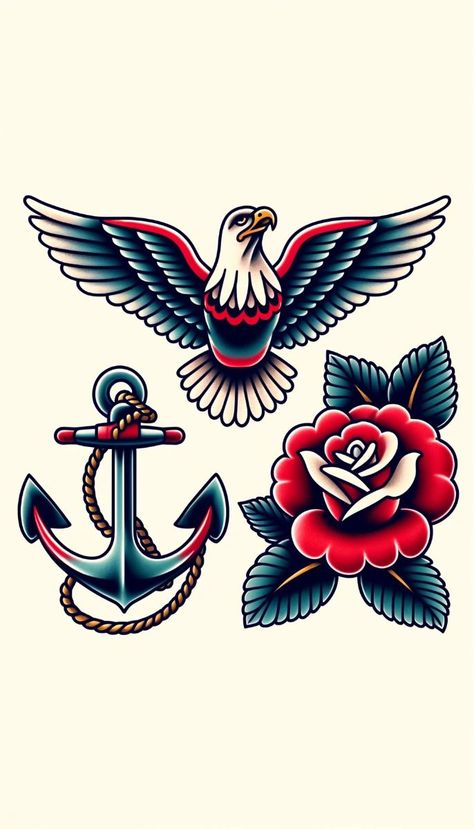 Traditional Tattoo Designs Men, American Trad Back Piece, Old School Tattoo Men Ideas Traditional Styles, Cowboy American Traditional Tattoo, Tiny Traditional Tattoo, American Traditional Tattoos Men, Unique American Traditional, Unique American Traditional Tattoo, Traditional Compass Tattoo