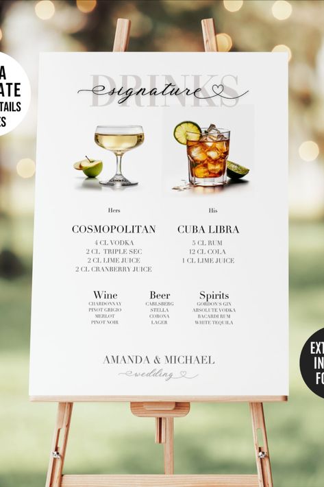 Wedding Signature Drink Sign, Drink Wedding, Wedding Bar Menu Template, Signature Wedding Drinks Sign, Menu Poster, Specialty Cocktails, Signature Drink Sign, Signature Cocktails Wedding, Signature Cocktail Sign