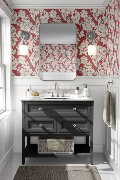 Wildflower Floral Wallpaper in Red, a large scale floral design. Peel And Stick Wallpaper Dark, Ian Mankin, Moody Bathroom, Small Bathroom Wallpaper, Dark Neutrals, Moody Wallpaper, Powder Room Wallpaper, Floral Bathroom, Wallpaper Wall Decor