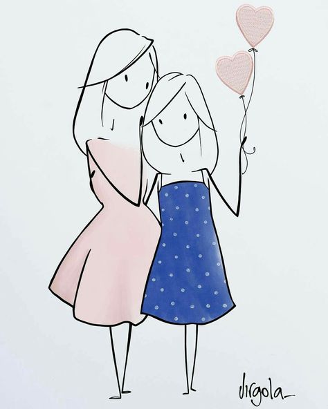 Two Sisters Drawing Cute Easy, Sisters Drawing, Copic Drawings, Sisters Art, Drawing Images, Amazing Art Painting, Color Pencil Drawing, Line Art Drawings, Cute Illustration