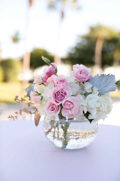 Tea Rose and Hydrangea Cocktail Table Centerpiece Cocktail Flower Arrangements, Pastel Table Centerpieces, Cocktail Table Flower Arrangements, Wedding Cocktail Tables Centerpiece, Cocktail Table Centerpieces, Simple Floral Centerpieces, Wedding Cocktail Tables, Rose Centerpieces Wedding, Cocktail Table Decor