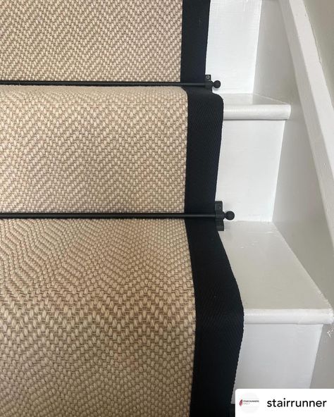 Definitely one of our best sellers! Fibre Flooring Chalk herringbone with black border @fibreflooring @jaspa_binding_tapes stair runner and landing carpet. Black jubilee stair rods @stairrods_uk #stairs #stairrunner #carpet #stairrods #stairrunners Trim On Carpeted Stairs, Black Stairs With Runner, Fibre Flooring, Stair Bannister Ideas, Bannister Ideas, Landing Carpet, Herringbone Stair Runner, Entry Coat Rack, Patterned Stair Carpet