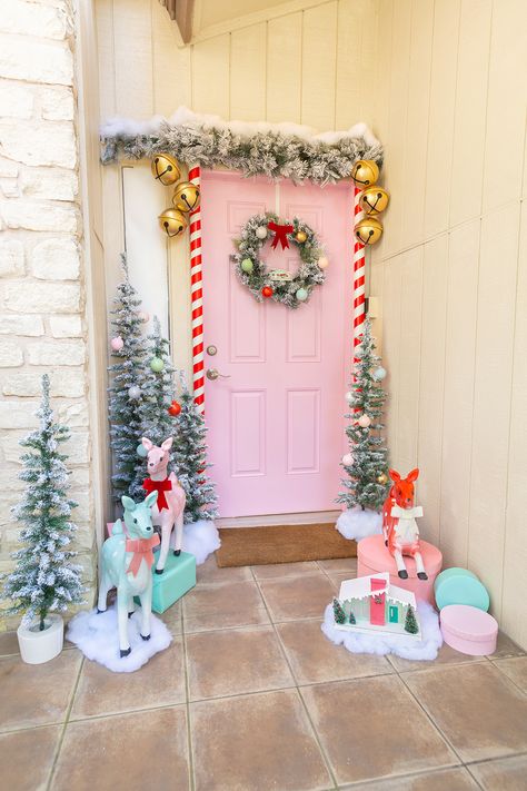 Holiday Door Decor, Kitsch Christmas, Pink Christmas Decorations, Holiday Door, Vintage Kitsch, Whimsical Christmas, Christmas Porch, Christmas Door Decorations, Diy Vintage