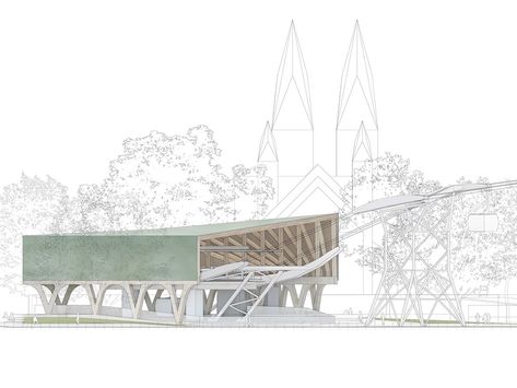 snøhetta to bring glimmering green cable car stations to koblenz Cable Car Station, Koblenz Germany, Metal Shingles, Junya Ishigami, Rhine Valley, Roof Shapes, Car Station, Temporary Structures, Architectural Competition